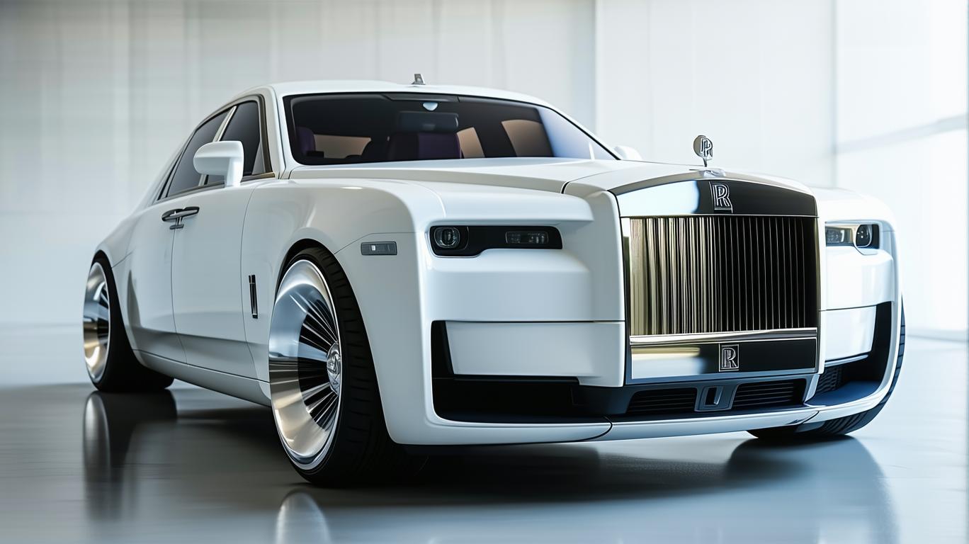 a futuristic concept of a crystal white rolls royce executive 5 door sedan with satin black and silver wheels in mexico front