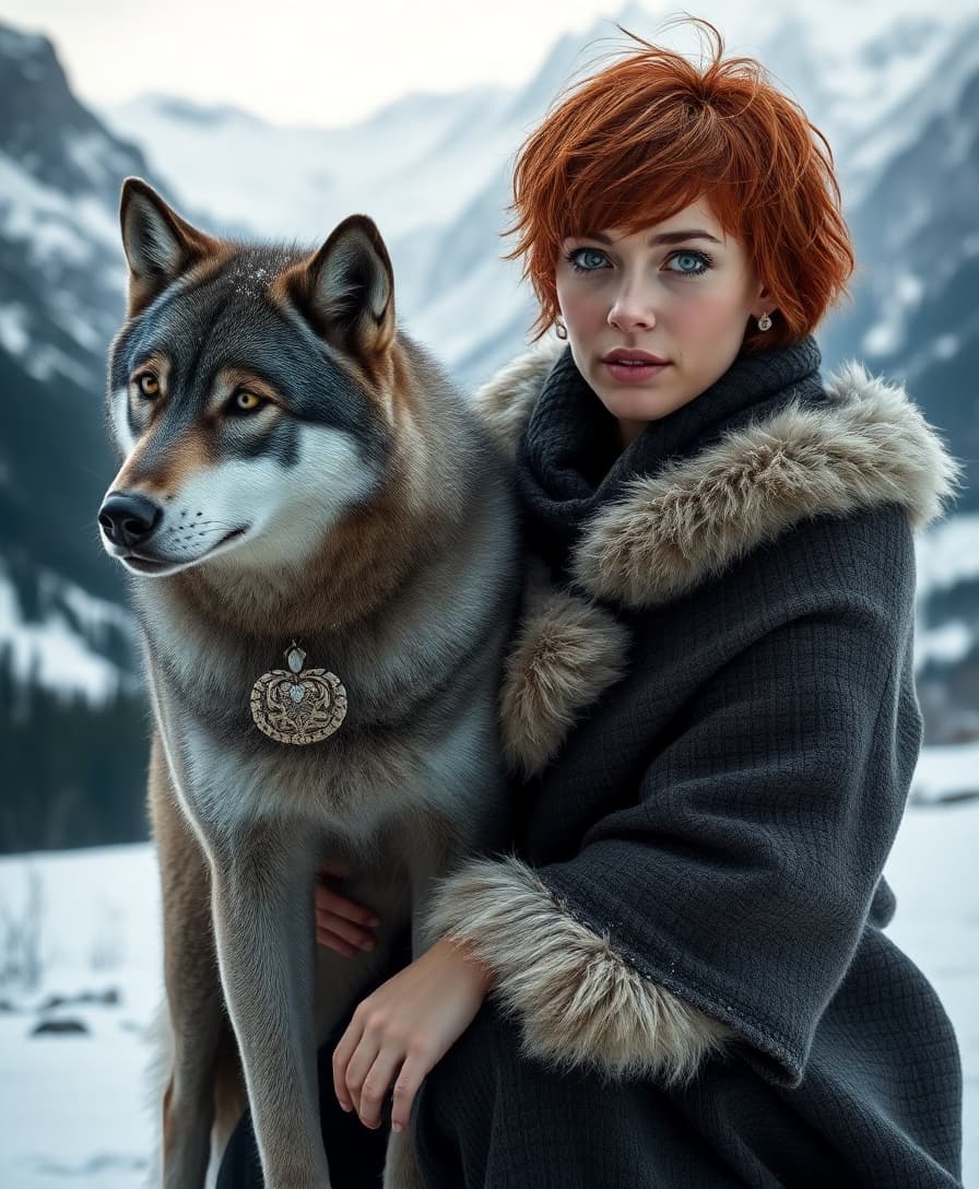 In a hyperrealistic style reminiscent of **National Geographic** wildlife photography, capture a **40-year-old woman** with **short, messy red hair** and **piercing green eyes** that reflect both strength and tenderness. She is wrapped in a **thick, fur-lined winter cloak**, the texture of which should be detailed with **soft, white fur** contrasting against the **dark, woven fabric** beneath. She kneels beside a **majestic grey wolf** whose **silvery fur** glistens with **snowflakes** and whose **eyes** are **deep amber**, reflecting a **bond of trust** with the woman. Their **gazes** are directed **into the distance**, conveying a sense of **mutual companionship** and **shared purpose**.

**Composition**: Frame the scene with the **woman and wolf** at the **base of a snowy mountain pass**, where the **mountains** loom large, their **peaks** touching the **overcast sky** and **casting long shadows** over the landscape. The **camera angle** should be **low**, looking up slightly to emphasize the **grandeur of the setting** and the **intimacy** of their interaction. 

**Mood and Atmosphere**: The time is **early morning**, with **soft, diffused light** filtering through the **clouds**, casting a **mystical glow** on the scene. The **air** feels **crisp** and **silent**, broken only by the **gentle rustling** of the **cloak** and the **breaths** of the woman and the wolf. This serene moment contrasts with the **rugged wilderness** around them, creating a **sense of calm** in the midst of nature's raw beauty.

**Technical Aspects**: Utilize **hyperrealistic rendering** to capture the **subtle textures** of the **fur**, the **snow**, and the **wrinkles on the woman's face**. Employ **depth of field** to blur the background slightly, focusing on the **connection** between the woman and the wolf, while still maintaining the **majesty** of the **mountain pass**. Use **high dynamic range** to balance the **shadows** and **highlights** in this **contrasting environment**.