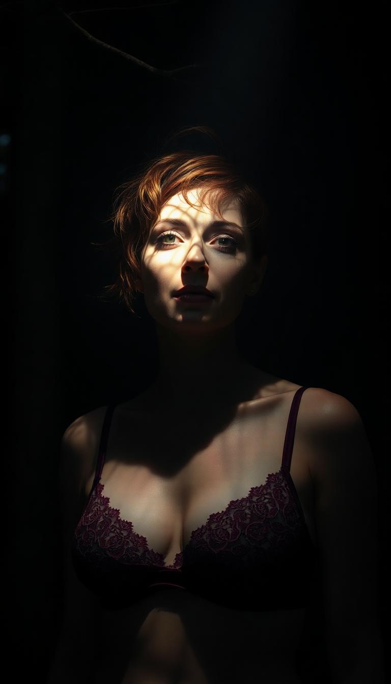 A hyperrealistic photo of a 40-year-old woman with short red messy hair, wearing wine red lace lingerie, standing in a dark forest as a single spotlight filters through the branches above. The light casts intricate patterns on her skin. The surrounding trees remain shadowy, creating an ethereal and mysterious ambiance.  
