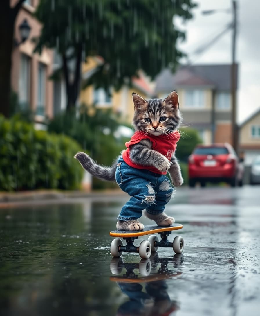 A photorealistic image of a grey tabby kitten riding a mini skateboard in a quiet suburban street during a light drizzle. The kitten is dressed in tiny ripped jeans and a red T-shirt, its tail balancing gracefully behind. The rain creates ripples in small puddles, and the overcast sky adds a moody, cinematic tone to the scene.  

