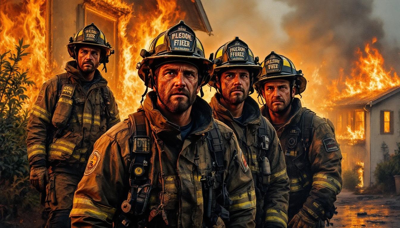 hyperrealism alcohol oil paints illustration. four firefighters covered in soot, looking exhausted, wearing full gear, looking directly at the viewer. southern California houses in Altadena engulfed in flames bg. 