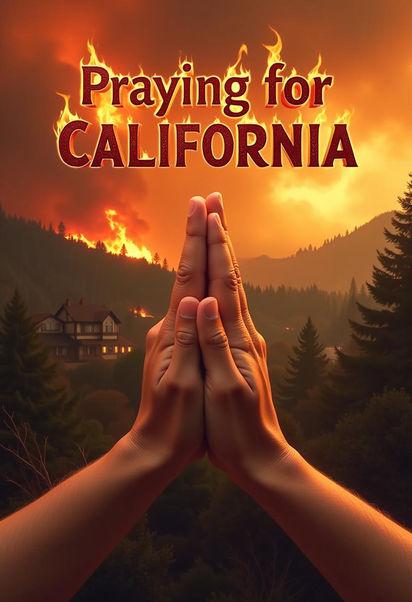 2 hands praying clasped, thumbs facing viewer. in background a fire in California. houses burning, wild fire raging. across the top the words "Praying for California" title in 3d raised text on fire