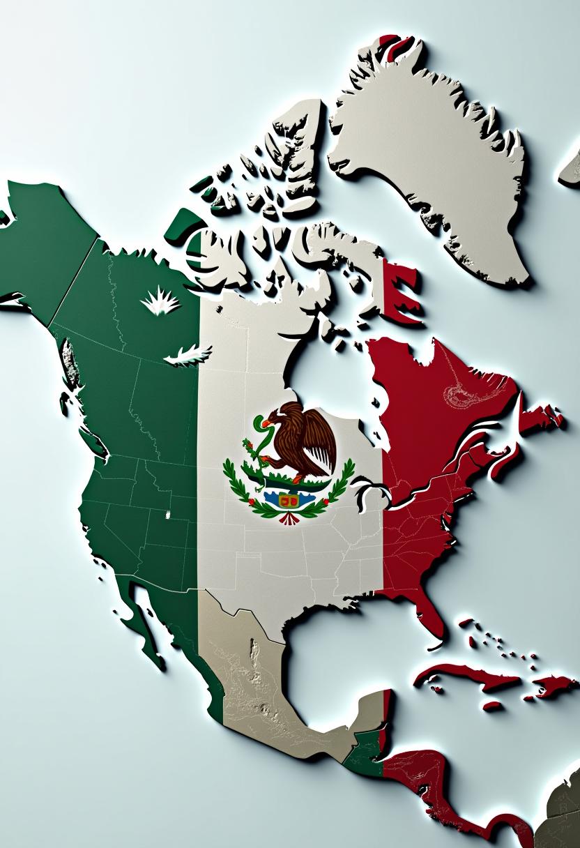 Create a unified Canada and United States map as one country, US Flag. 3d

Mexico is green with Mexico logo