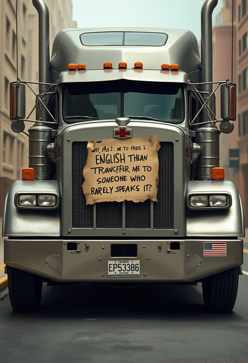 This image is a closeup view of the front of a large, silver semitruck. The truck is parked on a street with buildings on either side, and the perspective is taken from directly in front of the vehicle, looking up towards the cab. The truck has a prominent grille with a large, rectangular opening, and the grille is adorned with rivets and bolts, giving it a rugged and industrial appearance. The trucks headlights are prominent on either side of the grille, and they have a classic design with a clear lens and reflector. Above the headlights, there are four orange warning lights, which are likely for visibility during lowlight conditions.On the grille, there is a handwritten sign that reads, "WHY ASK ME TO PRESS 1 FOR ENGLISH, THEN TRANSFER ME TO SOMEONE WHO BARELY SPEAKS IT?" The sign is attached to the grille with duct tape and is written in black marker, which stands out against the silver background of the truck.The license plate of the truck is visible at the bottom of the image, and it reads EP55386. On the lower right corner of the license plate, there is a small American flag sticker, which adds a patriotic touch to the vehicle.The art style of the image is realistic with a touch of humor, as indicated by the handwritten sign on the truck. The medium appears to be a digital painting or illustration, given the smooth gradients and lack of texture. The colors in the image are primarily metallic grays and silvers, with the orange warning lights and the red, white, and blue of the American flag sticker providing pops of color. The overall mood of the image is one of frustration humorously conveyed through the sign on the truck.
