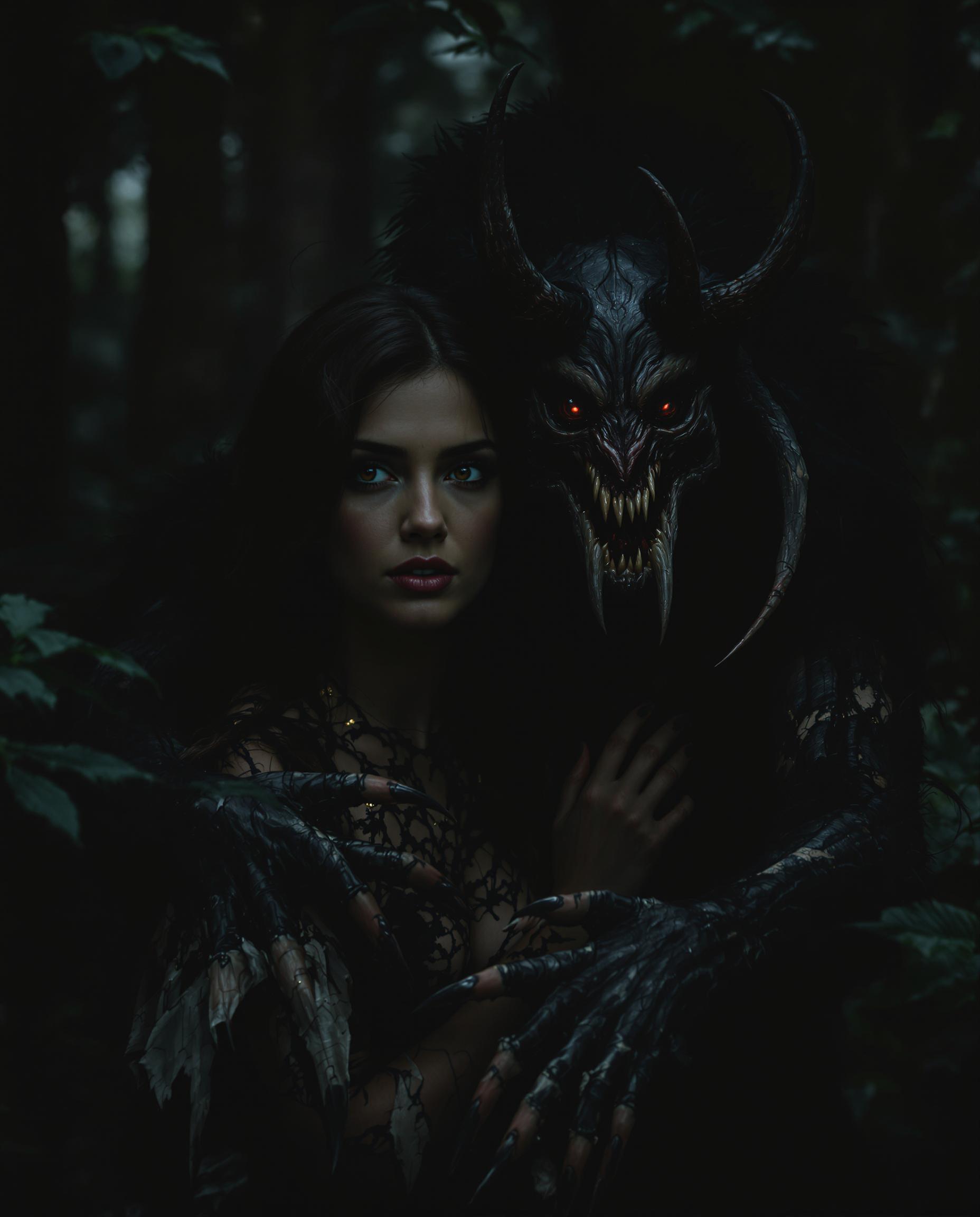 A brunette Woman in the dark forest, being protected and guarded by a female wendigo. The Wendigo means her no harm but looks feral, and the woman feels protected. She is looking towards the viewer