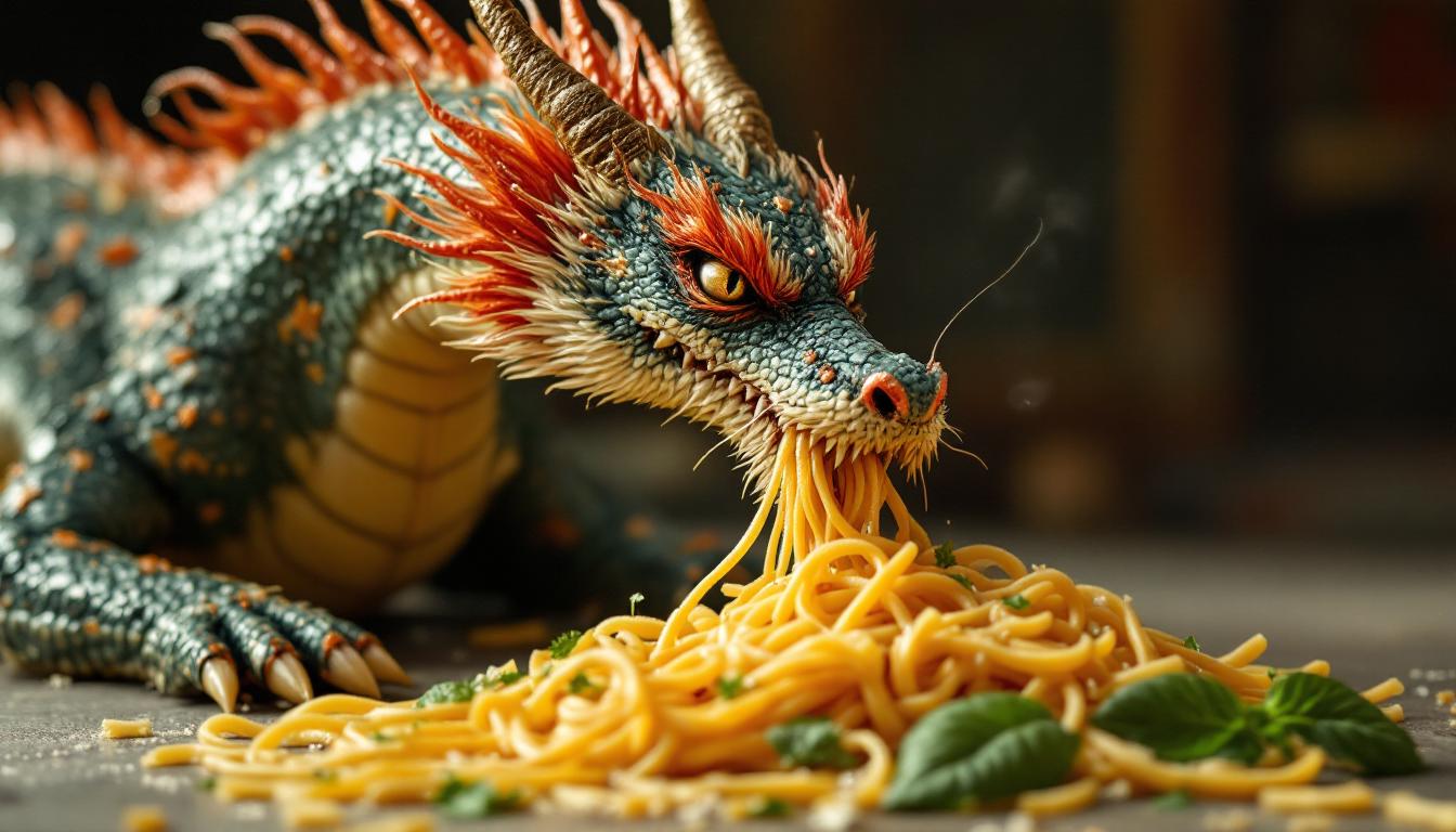 an image of a dragon eating pasta