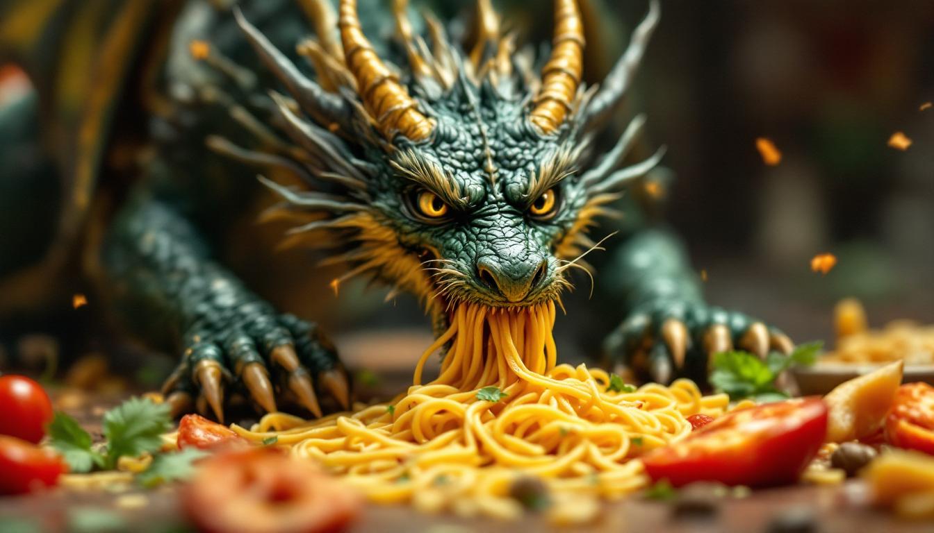 an image of a dragon eating pasta