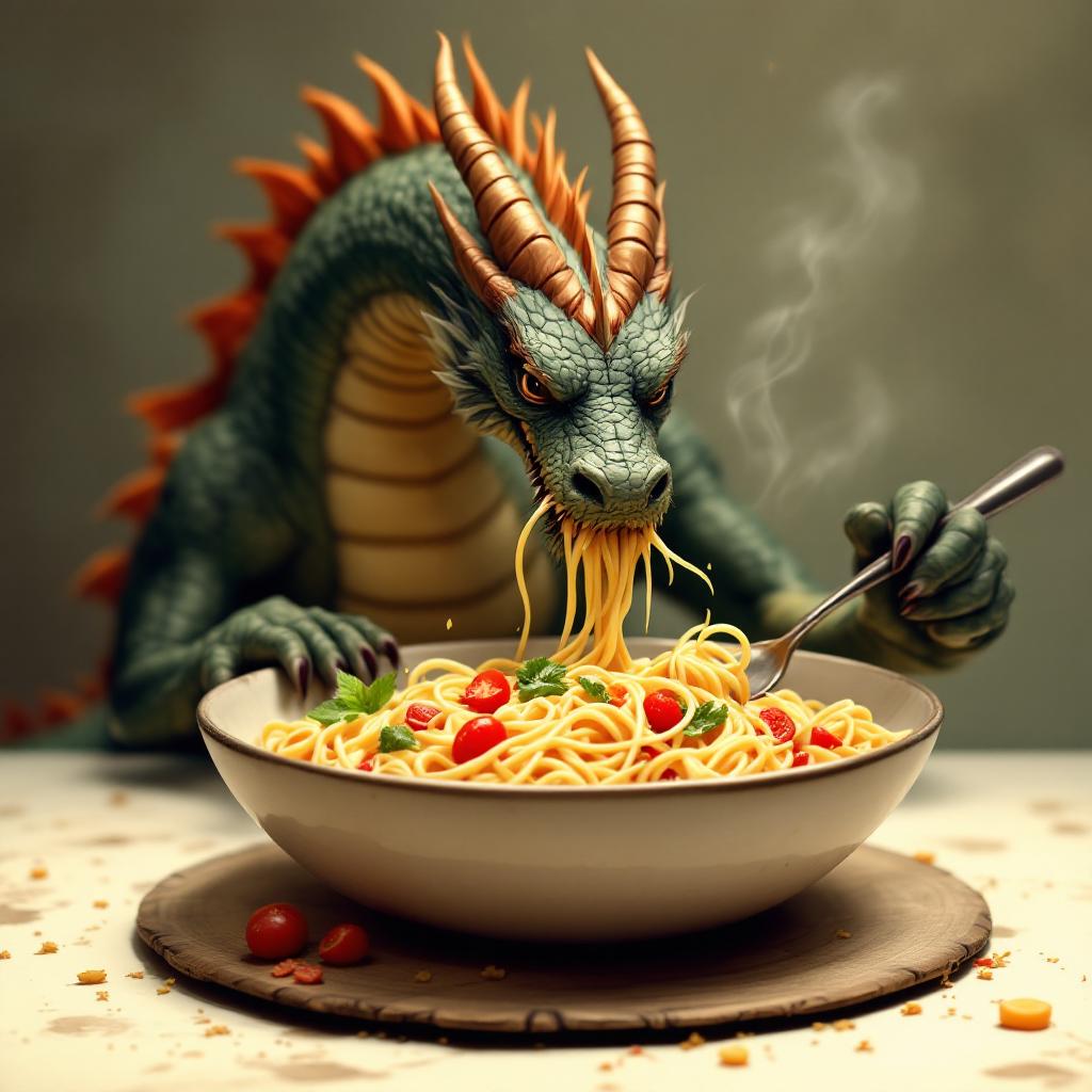 a dragon eating a bowl of pasta