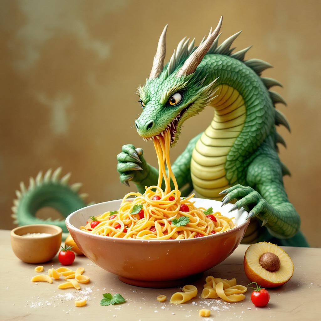 a dragon eating a bowl of pasta