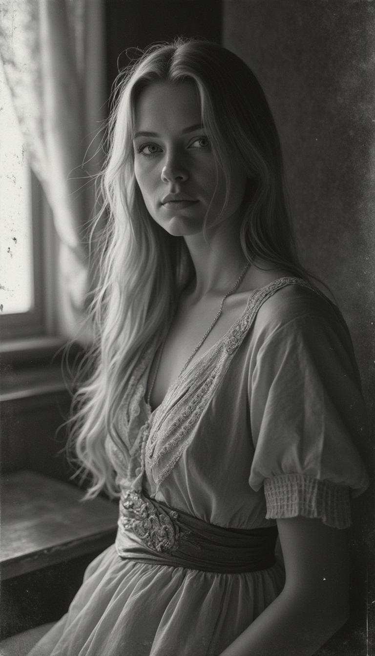 A captivating black-and-white vintage photograph with a distinct grainy texture and gentle contrast, transporting viewers to the early 20th century. The central figure is an elegant woman, showcasing long flowing blonde hair, posed formally against a backdrop of her charming vintage room, adorned with antique furniture. Signs of age are visible, including delicate scratches and faded edges, further enhancing the image's historical allure. Soft, diffused lighting envelops the scene, casting a timeless and nostalgic ambiance that echoes memories of yesteryears.