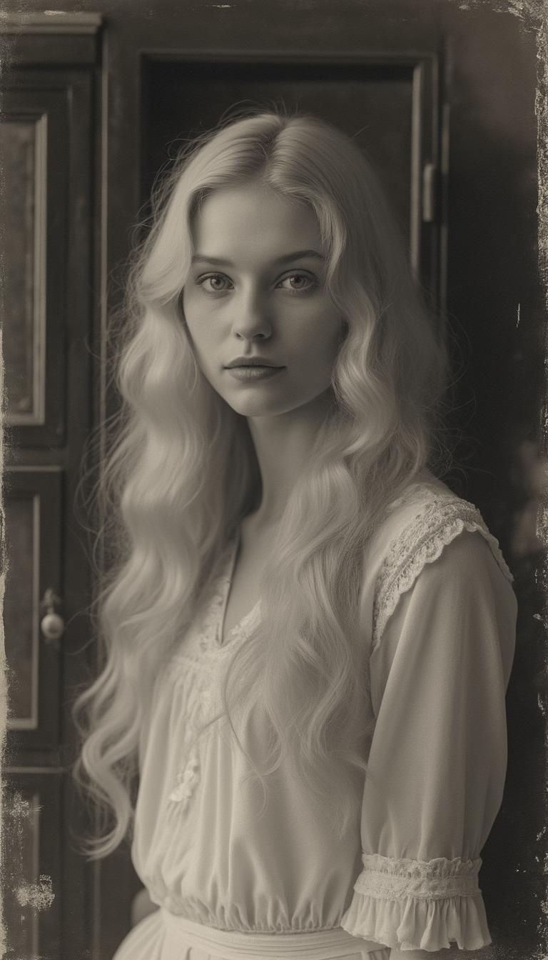 A captivating black-and-white vintage photograph with a distinct grainy texture and gentle contrast, transporting viewers to the early 20th century. The central figure is an elegant woman, showcasing long flowing blonde hair, posed formally against a backdrop of her charming vintage room, adorned with antique furniture. Signs of age are visible, including delicate scratches and faded edges, further enhancing the image's historical allure. Soft, diffused lighting envelops the scene, casting a timeless and nostalgic ambiance that echoes memories of yesteryears.