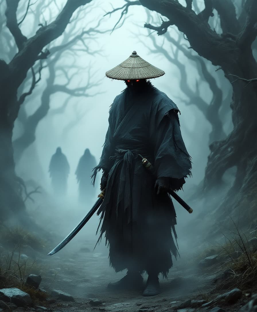In the foreground, a solitary samurai stands, his silhouette partially obscured by thick, swirling fog that envelops the scene, creating an eerie atmosphere. He wears a tattered, dark kimono, frayed at the edges, with a traditional katana sheathed at his side, its hilt intricately designed with ancient motifs. The samurai's face is partially shadowed by a wide-brimmed straw hat, casting a foreboding shadow over his eyes, which glimmer with a hint of sorrow and determination. The ground is uneven and rugged, dotted with jagged stones and patches of dead grass, while the background is a blurred amalgamation of dark, looming trees and twisted branches that seem to claw at the sky. Wisps of fog curl around the trunks, creating an otherworldly feel, and the faint outlines of ghostly figures can be seen lurking in the distance. The overall color palette is muted, dominated by shades of gray and deep blue, enhancing the chilling mood. Keywords: foggy, horror, lonely, samurai, eerie atmosphere, tattered kimono, katana, ancient motifs, shadowed face, rugged ground, dead grass, dark trees, twisted branches, ghostly figures, muted color palette, gray, deep blue, composition, dramatic perspective, low lighting, high contrast, ethereal quality.