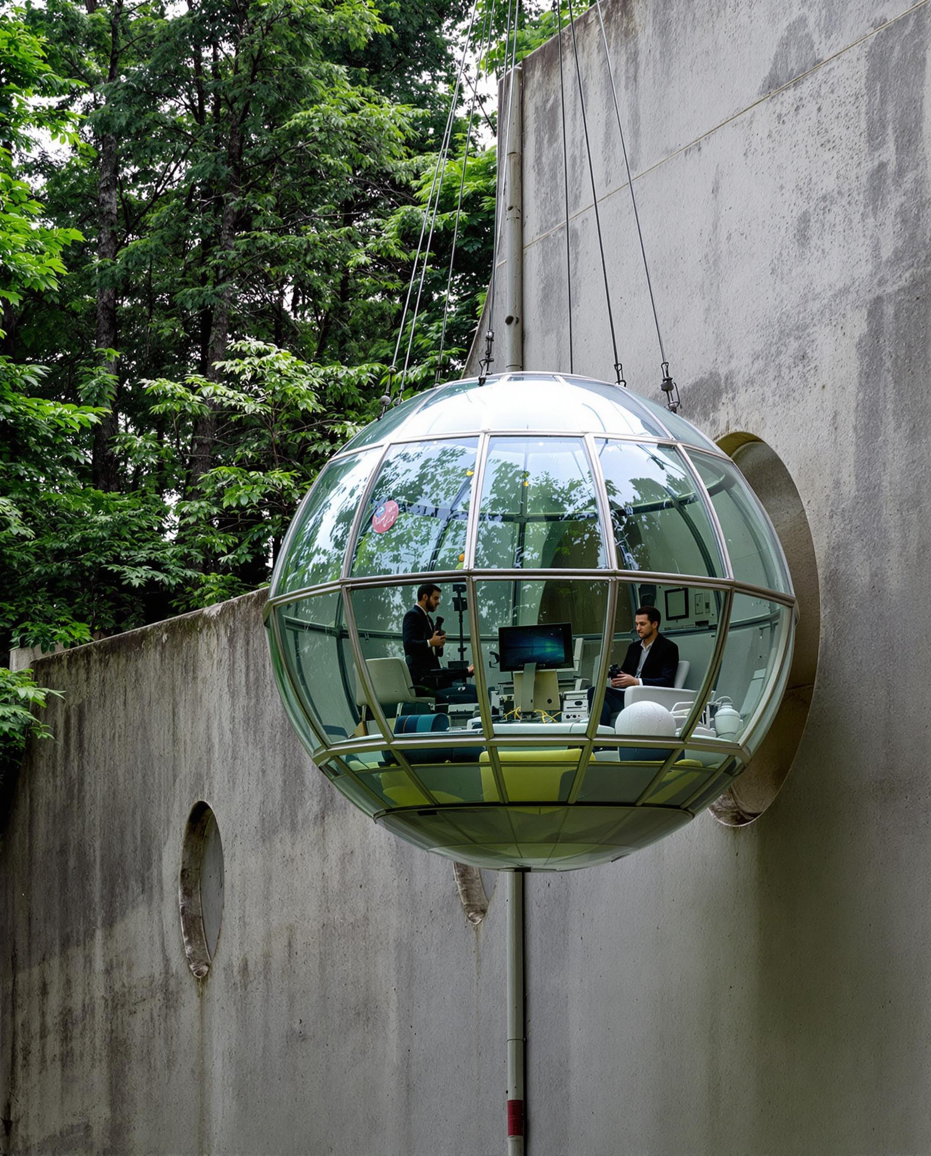 Create an image that shows a large, spherical structure hanging from the side of a concrete wall in a forest. The structure appears made of glass and metal, suspended from the ceiling by cables. Inside the structure, two people are sitting at a desk with a computer and other equipment. The person on the left is wearing a black suit and is holding a camera, while the person in the middle is sitting on a chair. The background is filled with trees and greenery, and the overall mood of the image is eerie and mysterious.