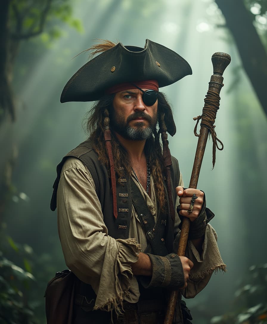A man dressed as a buccaneer stands confidently, looking directly at the camera. His pirate hat, intriguingly modified with an antenna, complements the eye patch over one eye, adding an eccentric flair to his distinctive look. The rugged attire he wears, made from worn leather and tattered cloth, hints at countless adventures on the high seas. 

Instead of the darkness of a submerged space, the backdrop transforms into a foggy forest, where beams of sunlight pierce through the thick canopy, creating a serene yet foreboding atmosphere. The light highlights the textures of his clothing—rough and weathered—while casting shadows that dance across the forest floor. 

In one hand, he grips an ancient, wooden tool wrapped in cloth and leather, a weapon that speaks to his readiness for both battle and exploration. His intense expression conveys determination and alertness, as if he is prepared for whatever challenges lie ahead in the misty depths of the woods. 

The color palette of the scene is rich with natural earth tones—greens, browns, and grays—enhancing the realism of the moment. The composition captures every detail, from the intricate stitching of his outfit to the resolute lines of his face, emphasizing the character’s prominence against the slightly blurred backdrop of the enigmatic forest.