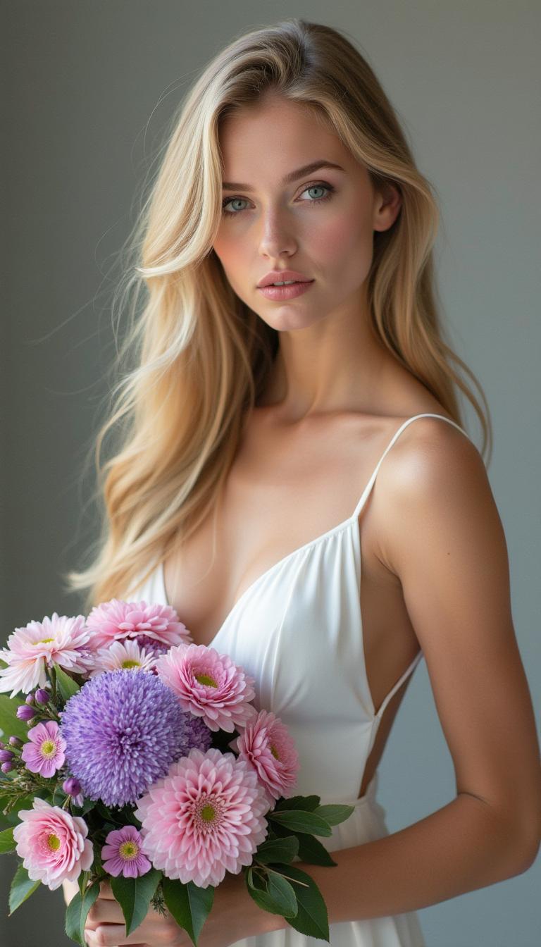 A young Ukrainian model with long, wavy blonde hair and blue eyes, wearing a white dress and holding a bouquet of pink and purple flowers