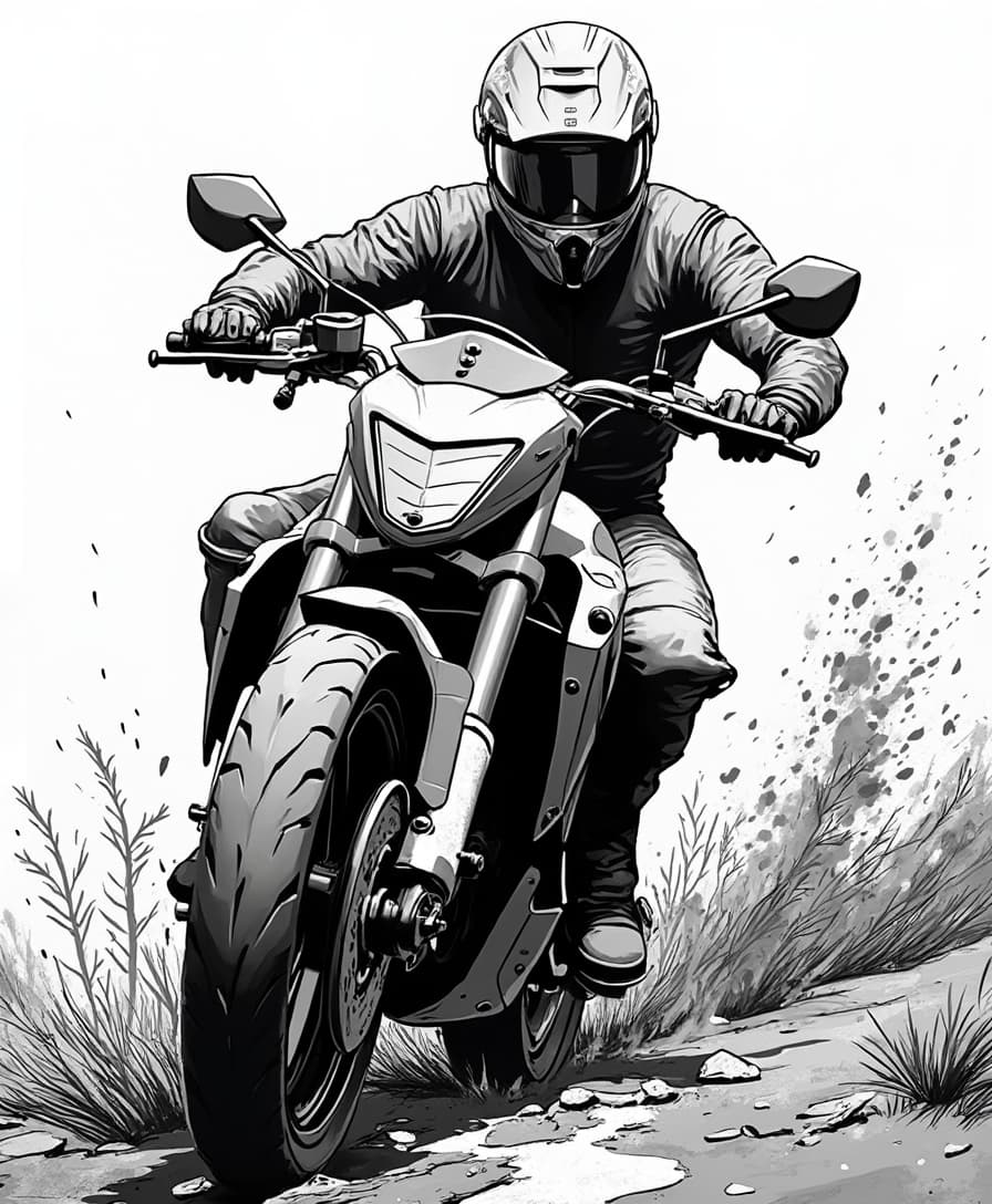Example: Make the motorcycle ion mud comic book style Transform the scene into a comic bl