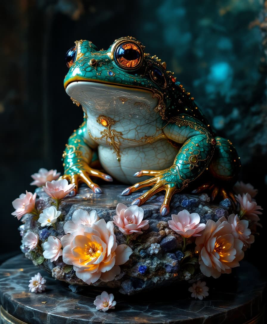 In a dimly lit alcove, a magnificent grosso rospo prezioso, a grand toad sculpted from lustrous marble, sits regally upon a pedestal. Its skin, intricately adorned with shimmering jewels and delicate filigree decorations, glimmers in hues of emerald and sapphire, each gem catching the faintest glint of light. Surrounding the toad, a mosaic of minerals sparkles like a hidden treasure trove, their vibrant colors blending seamlessly with the polished surface of the marble, creating a harmonious symphony of nature's artistry. 

The atmosphere is alive with an ethereal glow, as the toad emits a soft bioluminescent light that dances across the surrounding space, illuminating the intricate patterns of porcelain flowers that encircle its feet. These porcelain blossoms, painted with delicate strokes of gold and silver, seem to sway gently in an unseen breeze, their petals catching the gentle radiance that spills from the toad. 