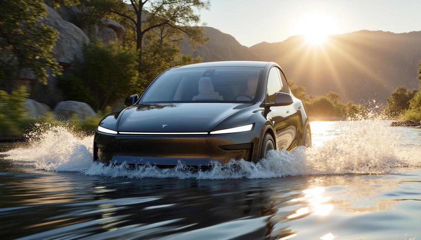 T3SLAMDLYJNP3R, A refreshed Tesla Model Y Juniper car driving through deep water