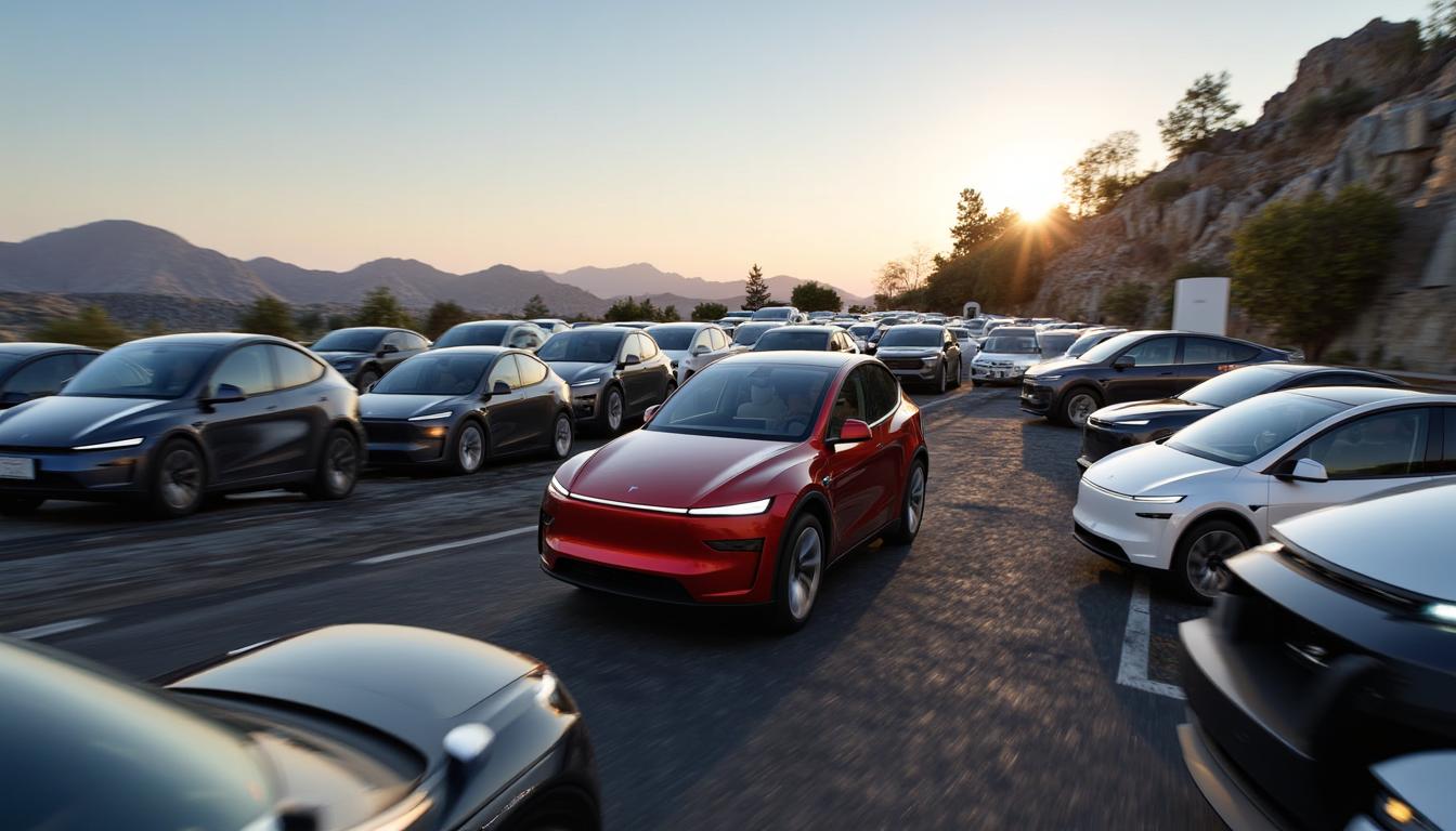 T3SLAMDLYJNP3R, A Tesla Model Y Juniper driving through a sea of broken down cars