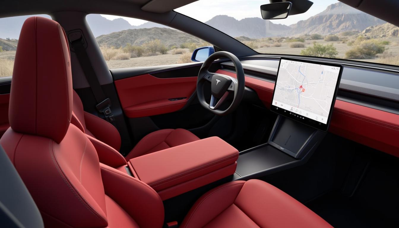 A photo of a T3SLAMDLYJNP3R, A Tesla Model Y Juniper interior shot
