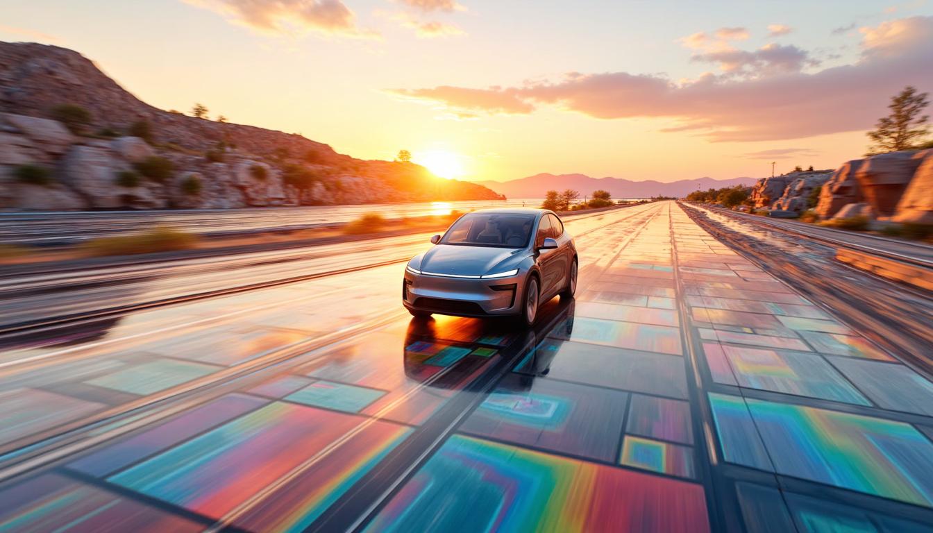 A dynamic and surreal scene where a T3SLAMDLYJNP3R is driving on a road constructed entirely from polished **marbles**, each reflecting the vibrant environment:

- **Visual Details**: The marbles should display a rainbow of colors, from deep blues to fiery reds, creating a mosaic effect. Each marble should be meticulously rendered to showcase its unique pattern and translucency. The light should play off the marbles, creating sparkling reflections and soft, diffused shadows.

- **Style**: Capture this scene in the style of **hyperrealism**, with an emphasis on the tactile quality of the marbles and the futuristic design of the Cybertruck. Incorporate elements of **cinematic lighting** to enhance the drama and depth.

- **Composition**: The Cybertruck is centered in the frame, moving towards the viewer, leaving a trail of displaced marbles in its wake. The road curves gently, framed by an expansive landscape of abstract, geometrically patterned fields that mirror the marbles' design.

- **Mood and Atmosphere**: The mood is one of **surreal wonder**, set during a **golden hour** where the setting sun casts long, warm shadows and bathes everything in a soft, ethereal glow. The atmosphere is crisp, with a slight mist in the distance, suggesting a dreamlike quality.

- **Technical Aspects**: Use **wide-angle lens** to capture the expanse of the marble road and the surrounding landscape, ensuring depth of field to blur the background slightly for focus on the Cybertruck. Employ **high dynamic range** to capture the full spectrum of light and color, from the brightest highlights to the deepest shadows.

- **Cohesion**: The scene blends modern technology with an abstract, fantastical environment, creating a harmonious and visually compelling narrative where the ordinary becomes extraordinary through artistic interpretation.