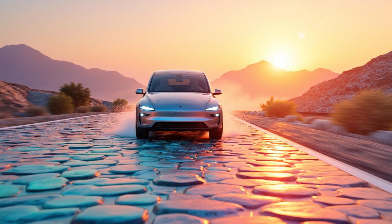 A dynamic and surreal scene where a T3SLAMDLYJNP3R is driving on a road constructed entirely from polished **marbles**, each reflecting the vibrant environment:

- **Visual Details**: The marbles should display a rainbow of colors, from deep blues to fiery reds, creating a mosaic effect. Each marble should be meticulously rendered to showcase its unique pattern and translucency. The light should play off the marbles, creating sparkling reflections and soft, diffused shadows.

- **Style**: Capture this scene in the style of **hyperrealism**, with an emphasis on the tactile quality of the marbles and the futuristic design of the Cybertruck. Incorporate elements of **cinematic lighting** to enhance the drama and depth.

- **Composition**: The Cybertruck is centered in the frame, moving towards the viewer, leaving a trail of displaced marbles in its wake. The road curves gently, framed by an expansive landscape of abstract, geometrically patterned fields that mirror the marbles' design.

- **Mood and Atmosphere**: The mood is one of **surreal wonder**, set during a **golden hour** where the setting sun casts long, warm shadows and bathes everything in a soft, ethereal glow. The atmosphere is crisp, with a slight mist in the distance, suggesting a dreamlike quality.

- **Technical Aspects**: Use **wide-angle lens** to capture the expanse of the marble road and the surrounding landscape, ensuring depth of field to blur the background slightly for focus on the Cybertruck. Employ **high dynamic range** to capture the full spectrum of light and color, from the brightest highlights to the deepest shadows.

- **Cohesion**: The scene blends modern technology with an abstract, fantastical environment, creating a harmonious and visually compelling narrative where the ordinary becomes extraordinary through artistic interpretation.