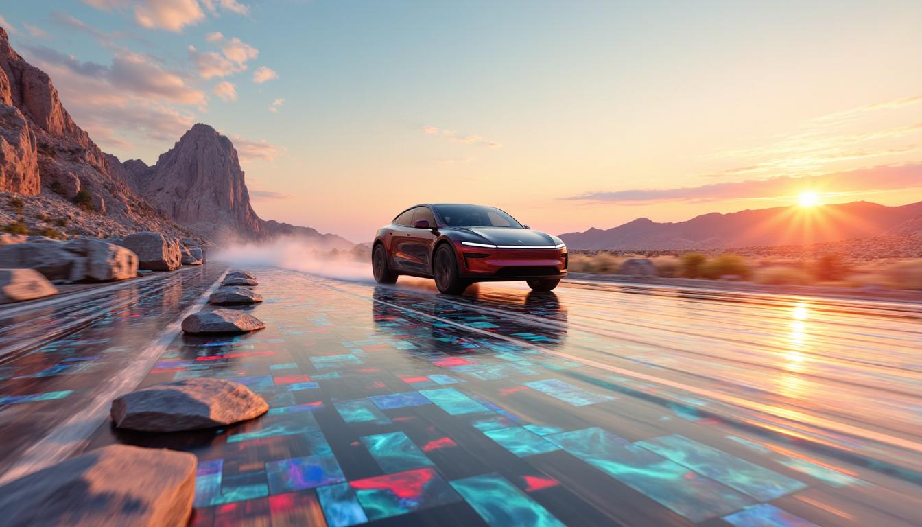 A dynamic and surreal scene where a T3SLAMDLYJNP3R is driving on a road constructed entirely from polished **marbles**, each reflecting the vibrant environment:

- **Visual Details**: The marbles should display a rainbow of colors, from deep blues to fiery reds, creating a mosaic effect. Each marble should be meticulously rendered to showcase its unique pattern and translucency. The light should play off the marbles, creating sparkling reflections and soft, diffused shadows.

- **Style**: Capture this scene in the style of **hyperrealism**, with an emphasis on the tactile quality of the marbles and the futuristic design of the Cybertruck. Incorporate elements of **cinematic lighting** to enhance the drama and depth.

- **Composition**: The Cybertruck is centered in the frame, moving towards the viewer, leaving a trail of displaced marbles in its wake. The road curves gently, framed by an expansive landscape of abstract, geometrically patterned fields that mirror the marbles' design.

- **Mood and Atmosphere**: The mood is one of **surreal wonder**, set during a **golden hour** where the setting sun casts long, warm shadows and bathes everything in a soft, ethereal glow. The atmosphere is crisp, with a slight mist in the distance, suggesting a dreamlike quality.

- **Technical Aspects**: Use **wide-angle lens** to capture the expanse of the marble road and the surrounding landscape, ensuring depth of field to blur the background slightly for focus on the Cybertruck. Employ **high dynamic range** to capture the full spectrum of light and color, from the brightest highlights to the deepest shadows.

- **Cohesion**: The scene blends modern technology with an abstract, fantastical environment, creating a harmonious and visually compelling narrative where the ordinary becomes extraordinary through artistic interpretation.