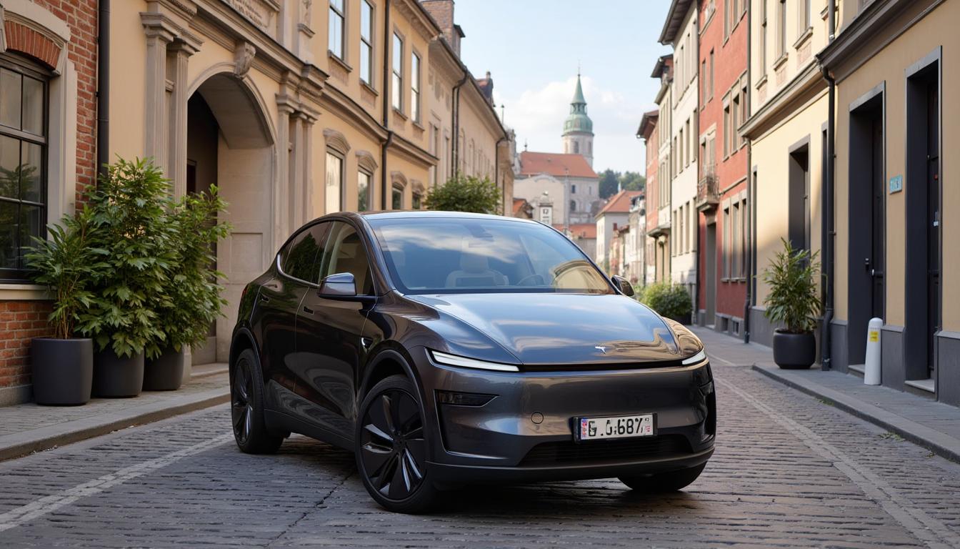 T3SLAMDLYJNP3R, parked on a cobblestone street for a photo shoot. The back drop is Prague