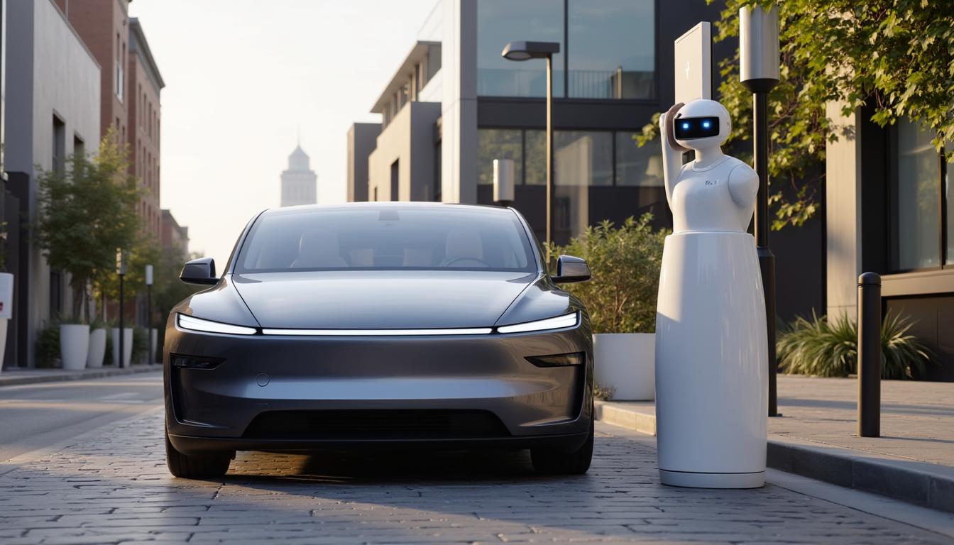 Example: T3SLAMDLYJNP3R parked on a city street with a Tesla Optimus humanoid robot stand