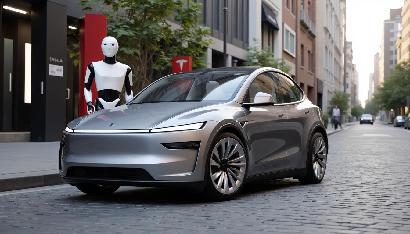 Example: T3SLAMDLYJNP3R parked on a city street with a Tesla Optimus humanoid robot stand