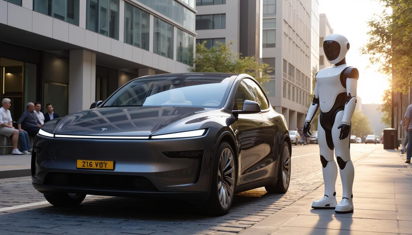 T3SLAMDLYJNP3R parked on a city street with a Tesla Optimus humanoid robot standing next to it