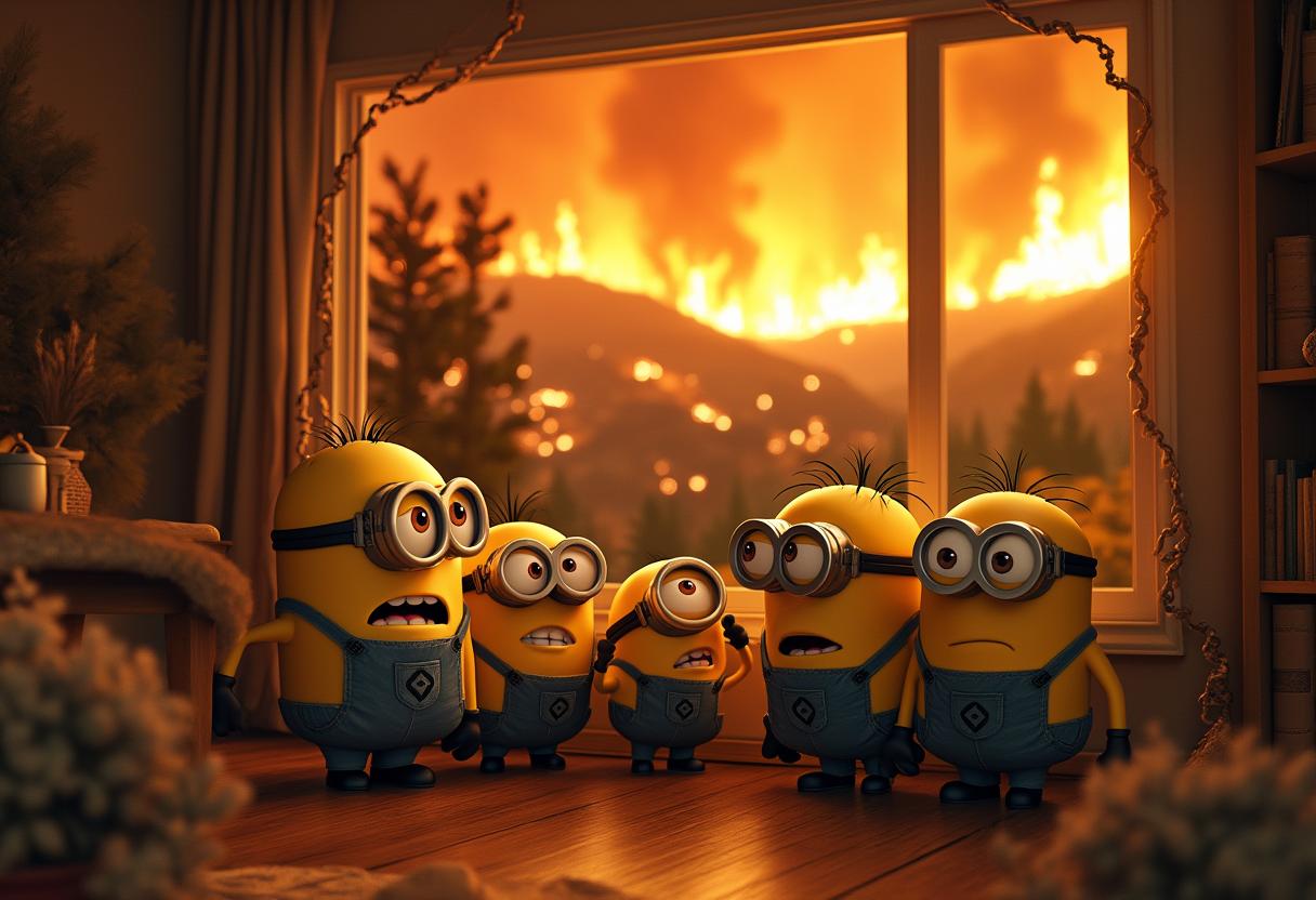 a whimsical of a family of  minions  in a California house far from fires  but are worried it will come to their area. they are  inside the house safe  to avoid all ashes falling  entire family is inside the house looking out the window at the fire, very worried