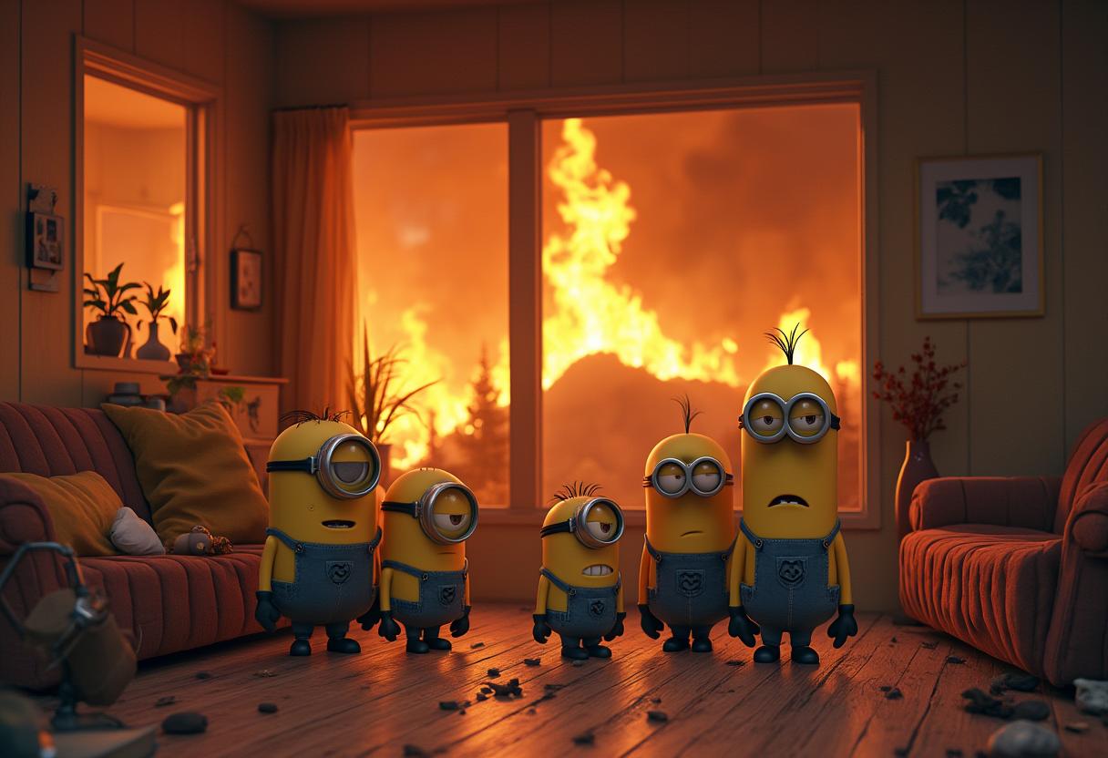 a whimsical of a family of  minions  in a California house far from fires  but are worried it will come to their area. they are  inside the house safe  to avoid all ashes falling  entire family is inside the house looking out the window at the fire, very worried