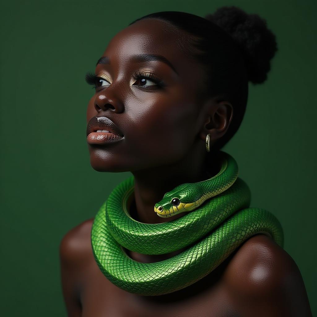 black woman, with shiney green snake arround neck like a necklace, the snake head is visible