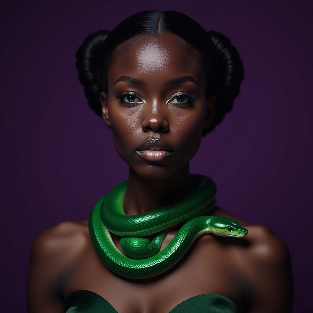 **Visual Details:** A stunning Black woman with smooth, dark skin and deep, expressive eyes, adorned with a glossy green snake that coils around her neck like an emerald necklace. The snake's scales shimmer with an iridescent glow, its head raised and visible, eyes sharp and alert, adding a touch of wild elegance. Her attire is simple yet elegant, contrasting with the vibrant snake.

**Background:** Set against a deep, rich dark purple backdrop, creating a luxurious and mysterious ambiance.

**Lighting:** The scene is softly lit with a spotlight effect, highlighting the woman and the snake, casting gentle shadows that accentuate the textures of the snake's scales and the woman's skin.

**Style:** Rendered in a neo-classical style with a touch of surrealism, blending realism with an otherworldly presence, reminiscent of Gustav Klimt's use of color and pattern.

**Composition:** The woman is positioned slightly off-center, her gaze directed towards the viewer, creating an engaging and intimate connection. The snake forms a gentle curve around her neck, its head at the center, drawing the eye. The framing is tight, focusing on her upper body, with the purple background enveloping the scene.

**Mood and Atmosphere:** The image exudes an atmosphere of enigmatic beauty, blending sophistication with a hint of the exotic and slightly dangerous, evoking a sense of quiet intensity and allure.

**Technical Aspects:** The image should be crafted with high contrast lighting, depth of field to blur the background slightly, and a focus on texture detail, particularly on the snake's scales and the woman's skin. Use a 35mm lens for a natural perspective, with a shallow depth of field to emphasize the subject.