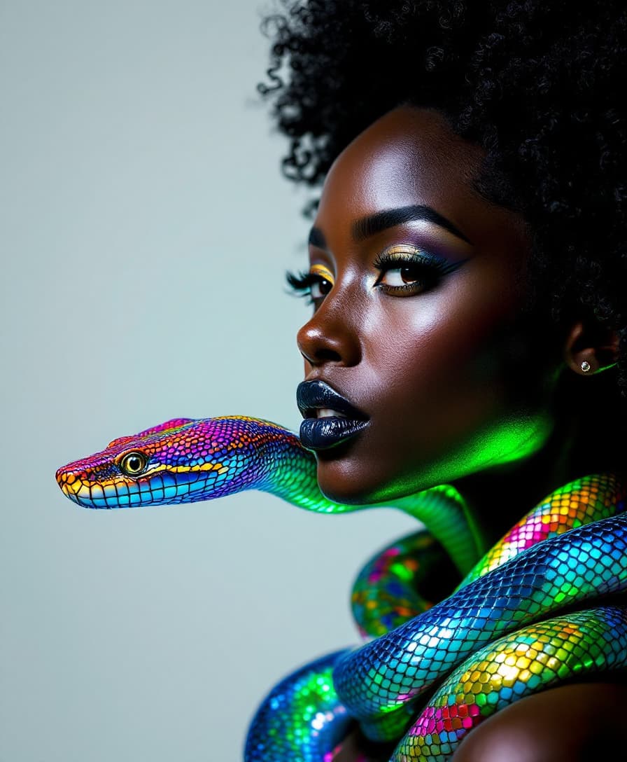 A stunning, high-contrast portrait of a **confident black woman** with **smooth, flawless skin** and **piercing eyes**, her **neck encircled by a radiant, colorful snake** whose **intricate, shiny scales** catch the light in a mesmerizing display. The snake's **head is prominently featured at her throat**, its **scales reflecting the cool, diffused studio lights** creating a **dynamic interplay of light and shadow**. 

- **Visual Details:** The woman's **hair is styled in a voluminous afro, with individual curls defined by the light**, enhancing her **bold, empowered expression**. Her **eyes are lined with a subtle, shimmering gold**, complementing the **snake's scales** that shimmer in hues of **emerald, sapphire, and ruby**. 

- **Style:** The image is captured in the style of **surrealistic portraiture**, reminiscent of **Salvador Dalí**, where the **realistic rendering of the subject** blends with the **fantastical element** of the snake, creating a **surreal, dreamlike quality**. 

- **Composition:** The **woman is framed in a **three-quarter view**, her **face slightly turned** to highlight the **snake's head**, with the **camera angle slightly below** to enhance her **dominance and power**. The **background** is a **deep, rich purple**, providing a **contrasting backdrop** that allows the **vibrant colors of the snake** to stand out.

- **Mood and Atmosphere:** The **studio lighting** creates **textured shadows** that accentuate the **woman's sensual, powerful aura**, evoking a **mood of mystery and allure**. The **time of day is simulated as evening**, with the **background suggesting a twilight ambiance**.

- **Technical Aspects:** Shot with a **high-resolution camera** to capture the **intricate details** of the snake's scales and the **texture of the woman's skin**. The **lighting setup includes soft boxes** to diffuse light, providing **soft shadows and highlights** that enhance the **depth and drama** of the scene.

- **Cohesion:** The **vibrant snake**, the **rich purple background**, and the **woman's confident posture** all combine to create a **unified, compelling scene** where **fantasy and reality** seamlessly blend, evoking a **sense of timeless, otherworldly beauty**.