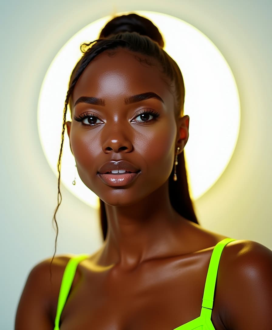 A high-resolution full-face portrait of a black woman wearing lime-green lingerie straps on her shoulders, complemented by her radiant complexion. The ring light creates a glowing halo effect around her face and adds depth with reflective highlights in her eyes. The clean white backdrop ensures an ultra-modern and polished look.  
 














