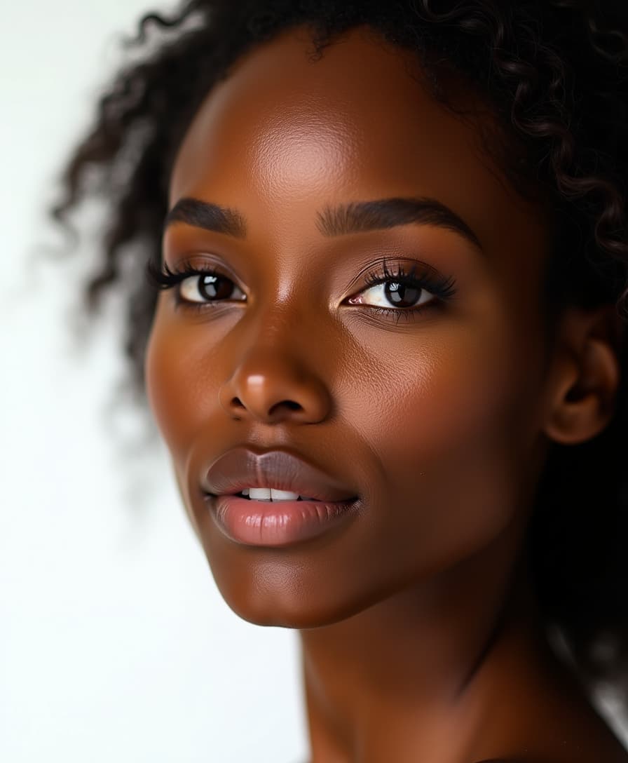 A high-resolution full-face closeup portrait of a black woman, complemented by her radiant complexion. The ring light creates a glowing halo effect around her face and adds depth with reflective highlights in her eyes. The clean white backdrop ensures an ultra-modern and polished look.  

 














