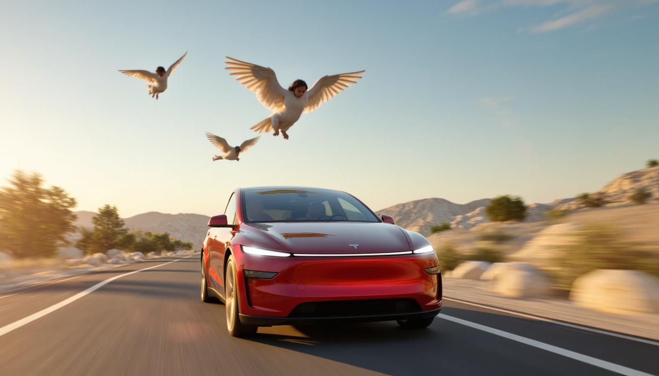 T3SLAMDLYJNP3R, a tesla model y juniper driving with angels flying over head.