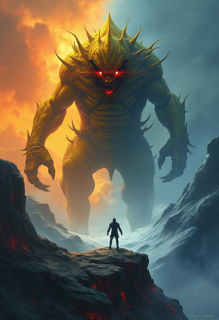 This image is a digital artwork that captures a moment of confrontation between a towering, menacing minion:2.3 creature and a solitary figure standing on a rocky outcrop. The minion creature is the focal point of the image, towering over the landscape and dwarfing the human figure. The minion creature is a yellowish dark, twisted figure with minion protrusions and a menacing, snarling minion face.. The minion creatures eyes glow with an ominous red light, and its mouth is open in a snarl, showing sharp teeth. The Minions hands are raised, and it seems to be in a threatening or aggressive stance. The human figure is small in comparison to the creature, standing alone on a rugged, rocky terrain. The minion figure is dressed in dark clothing, which blends in with the dark, ominous atmosphere of the scene. The human figure is facing the creature, seemingly in a moment of confrontation or decision.The background of the image is a stark contrast between fiery and icy elements. On one side, the sky is ablaze with orange and red hues, suggesting a fiery inferno. On the other side, the sky is a deep blue, with wisps of white clouds, suggesting a cold, icy environment. This dichotomy of elements creates a sense of impending doom and highlights the central conflict between the two figures.The art style of the image is reminiscent of fantasy or science fiction, with a focus on dramatic lighting and shadow to create a sense of depth and drama. The use of contrasting colors and textures adds to the overall tension and foreboding of the scene.The medium of the artwork is digital painting, as evidenced by the smooth gradients and seamless blending of colors. The artist has skillfully used various brush strokes and textures to create a lifelike and threedimensional effect.Overall, the image is a powerful and evocative portrayal of a moment of confrontation between humanity and an overwhelming force of nature or darkness. The use of contrasting elements, dramatic lighting, and a focus on the central figures creates a sense of suspense and foreboding, leaving the viewer to ponder the outcome of the impending battle.