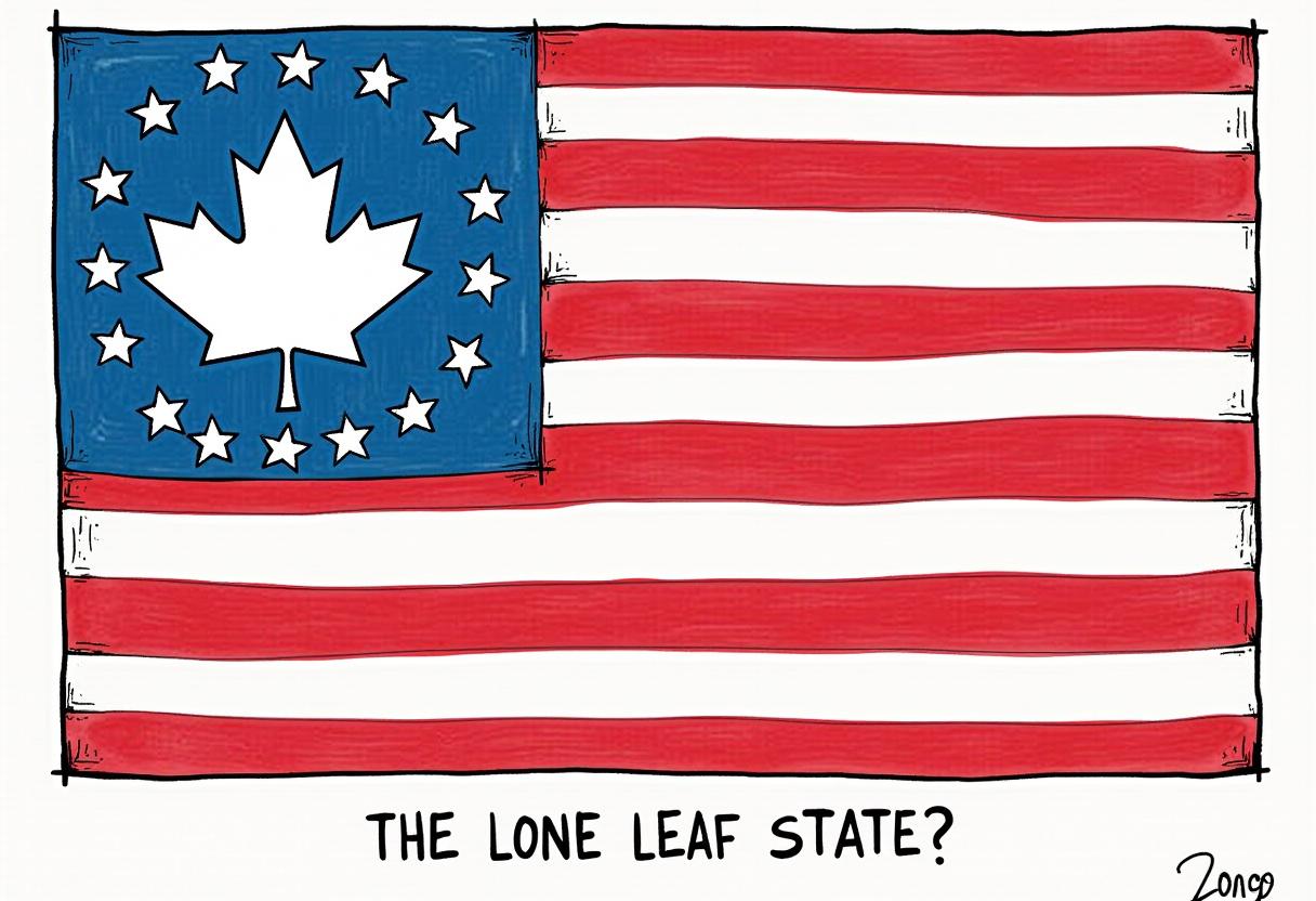 This image is a digital illustration that appears to be a political cartoon. The art style is bold and simplistic, with a clear, clean line that gives the image a modern and straightforward look. The medium seems to be a digital painting or drawing, as indicated by the crisp edges and the lack of texture that one might expect from a traditional medium like paper and ink.The colors are primarily red, white, and blue, which are the traditional colors of the American flag. The red stripes are thick and evenly spaced, while the white stripes are narrower. The blue field is also divided into two sections the top half is a solid blue, and the bottom half is a lighter blue with a pattern of white stars. The stars are uniformly spaced and of a consistent size, giving the blue field a starry night sky appearance.In the center of the image, there is a white maple leaf superimposed on the blue field. The maple leaf is a symbol commonly associated with Canada, and its placement on the American flag is likely intended to be a humorous or satirical statement. The maple leaf is a bit smaller than the stars, and it is placed in the lower left quadrant of the blue field, which is the position of the first star in the top left corner of the American flag.At the bottom of the image, there is a caption in a casual, handwritten font that reads THE LONE LEAF STATE?. This caption is likely intended to be a pun or a joke, playing on the phrase Lone Star State, which is the nickname for Texas in the United States. The question mark at the end of the caption suggests that the artist is leaving the interpretation up to the viewer.Overall, the image is a satirical take on the American flag, using the maple leaf to make a playful reference to Canada, and the caption to prompt the viewer to consider the implications of this alteration. The art style and the use of color and objects are clear and direct, making the message of the cartoon easily understood.