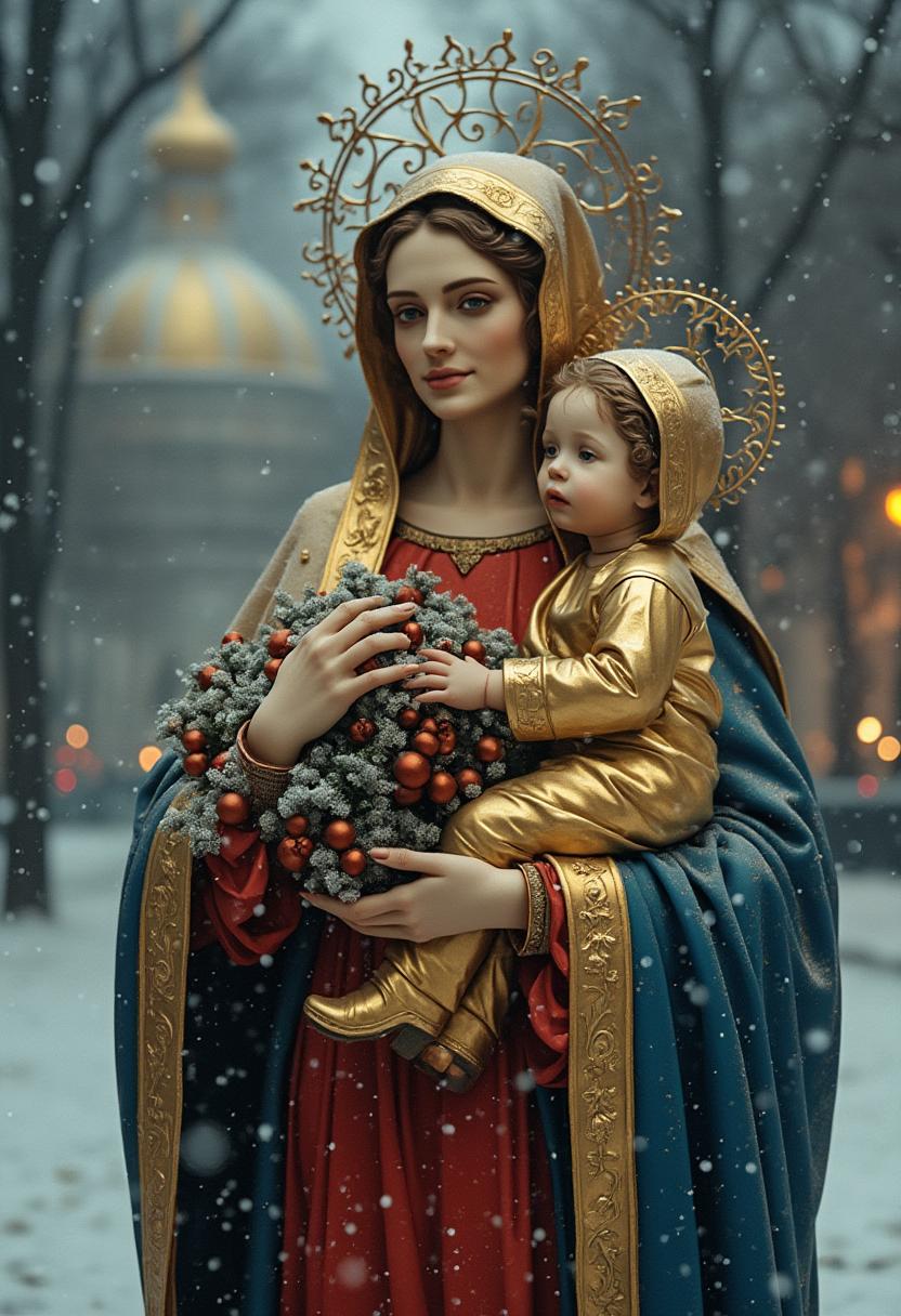 Madonna with child in her arms. Christmas. Behind the dome. In gold and blue. Winter.