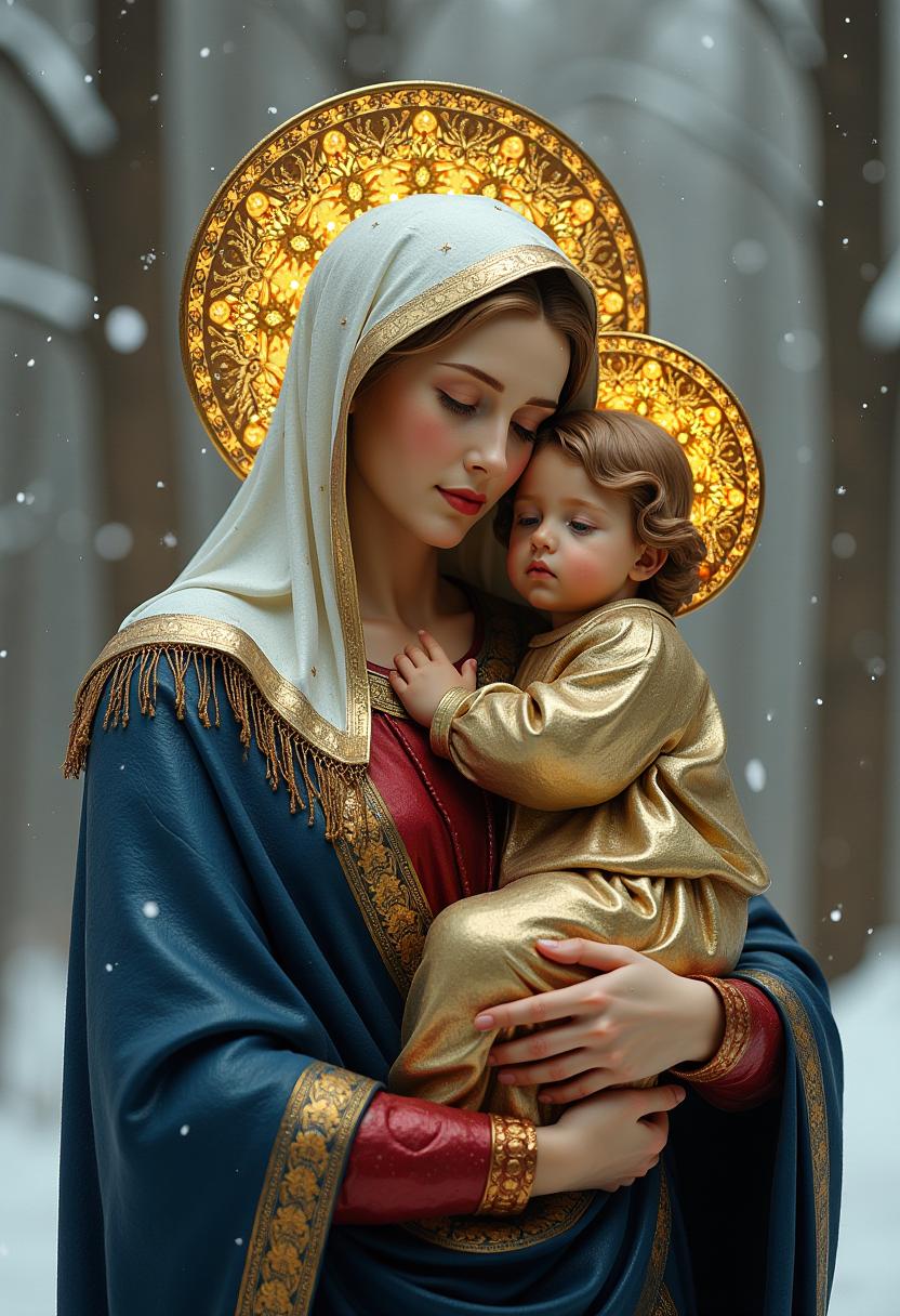 Madonna with child in her arms. Christmas. Behind the dome. In gold and blue. Winter.