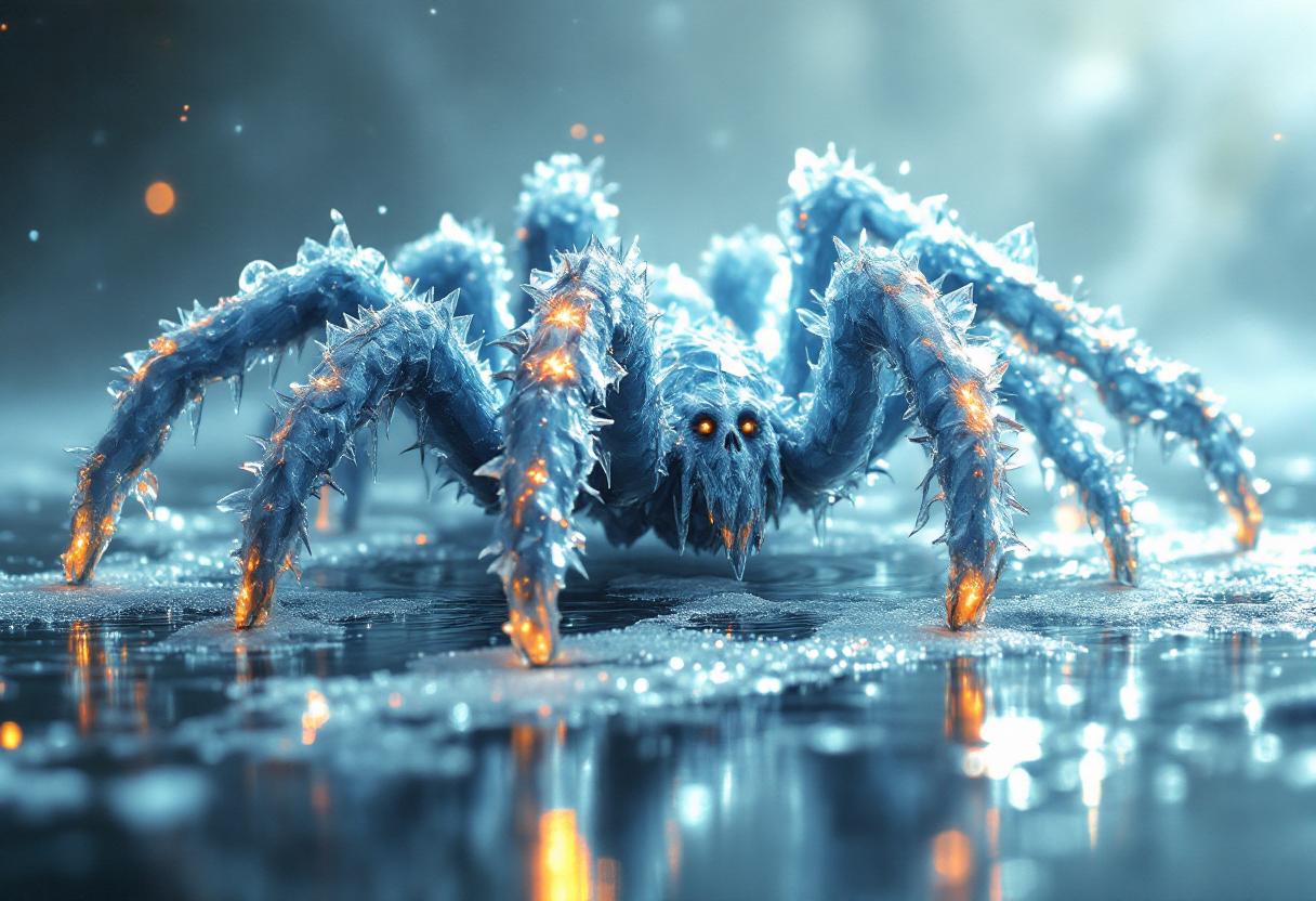 beautiful aesthetic, intricate, a tarantula made of ice, covered in icicles, walking on water, its steps freezes the water, magical aura, fantasy art, peaceful, high fantasy style, mysterious, celestial light, ethereal, painterly, epic, majestic, magical, fantasy art, cover art, sparkling ice, dramatic lighting