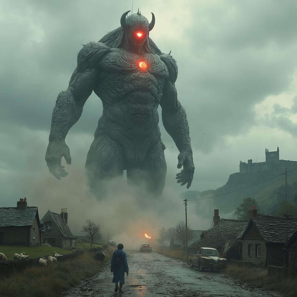 **Subject**: Balor, the mythical giant from Irish folklore, now in modern-day Ireland.  He has one glowing eye in the center of his forehead

**Scene**:An idyllic irish countyside, small farm houses, sheep in the pastures, an ancient castle in the background.

**Action**: Balor, towering over the farmland, his single, malevolent eye blazing with destructive energy, unleashes chaos. His presence causes structural damage, with cars flipping, buildings crumbling, and people fleeing in terror.

**Visual Details**:
- **Balor**: His skin is a rough, grey, almost stone-like texture, reminiscent of ancient statues, with intricate Celtic knotwork tattoos glowing with an otherworldly light. His one eye, a deep, fiery red, emits a beam of dark energy.

- **Atmosphere**: Overcast sky, with storm clouds gathering, adding a sense of impending doom. The air is filled with dust, debris, and the chaos of destruction.

**Art Style**: 
- **Photorealistic** with a touch of **fantasy** to blend myth with reality. The image should have a **cinematic quality**, with dramatic lighting and depth of field to focus on Balor's menacing figure.

**Composition**: 
- **Camera Angle**: Low angle shot from the street level, looking up at Balor, emphasizing his colossal size.
- **Framing**: Wide angle to capture the full scale of the destruction and the cityscape around him.

**Mood and Atmosphere**: 
- **Epic and Chaotic**: The scene is filled with a sense of urgency, fear, and awe, capturing the moment of a legendary figure's wrath upon a modern world.

**Technical Aspects**: 
- **Depth of Field**: Shallow to highlight Balor, with the background slightly blurred to focus on his destructive power.
- **Lighting**: High contrast with dramatic shadows cast by Balor's towering form, enhancing the dramatic and ominous mood.

**Cohesion**: The integration of Balor into the modern setting should feel both surreal and believable, with elements of Celtic myth seamlessly blending into the everyday life of contemporary Ireland.