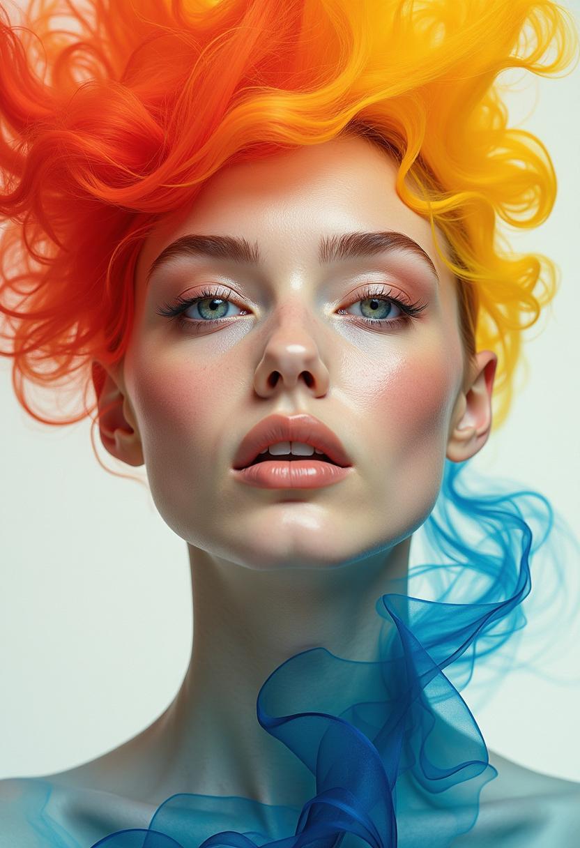 The highest artistic achievement, simple picture, harmonious color matching, surrealism, fantasy world, fantasy style, artistic close-up of female supermodel (((no makeup))) (((bald))), deep eyes, perfectly symmetrical beautiful face, the background is like smoke fireworks blooming, like smoke winding red transparent ink ribbon, yellow transparent ink ribbon, blue transparent ink ribbon, pure color matte background,