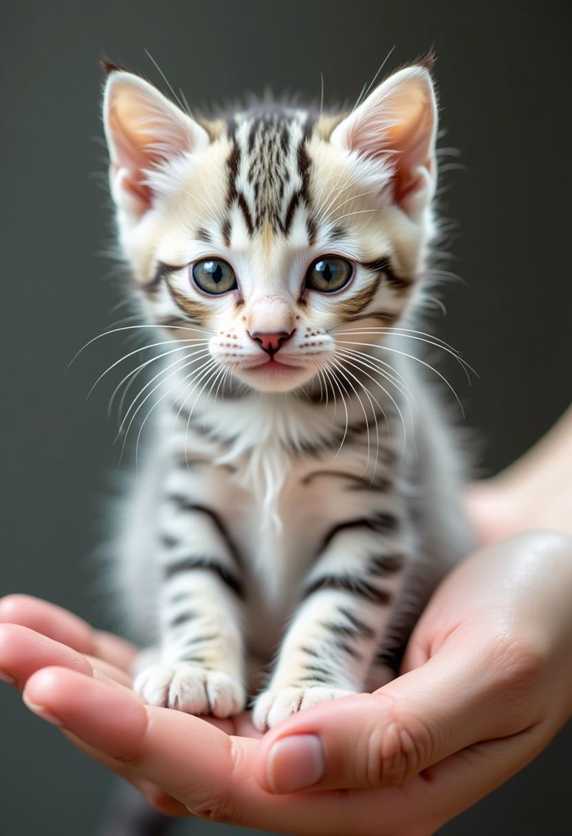 Create image of the cutest white kitten with many many black stripes like a striped zebra, sitting in the palm of a hand