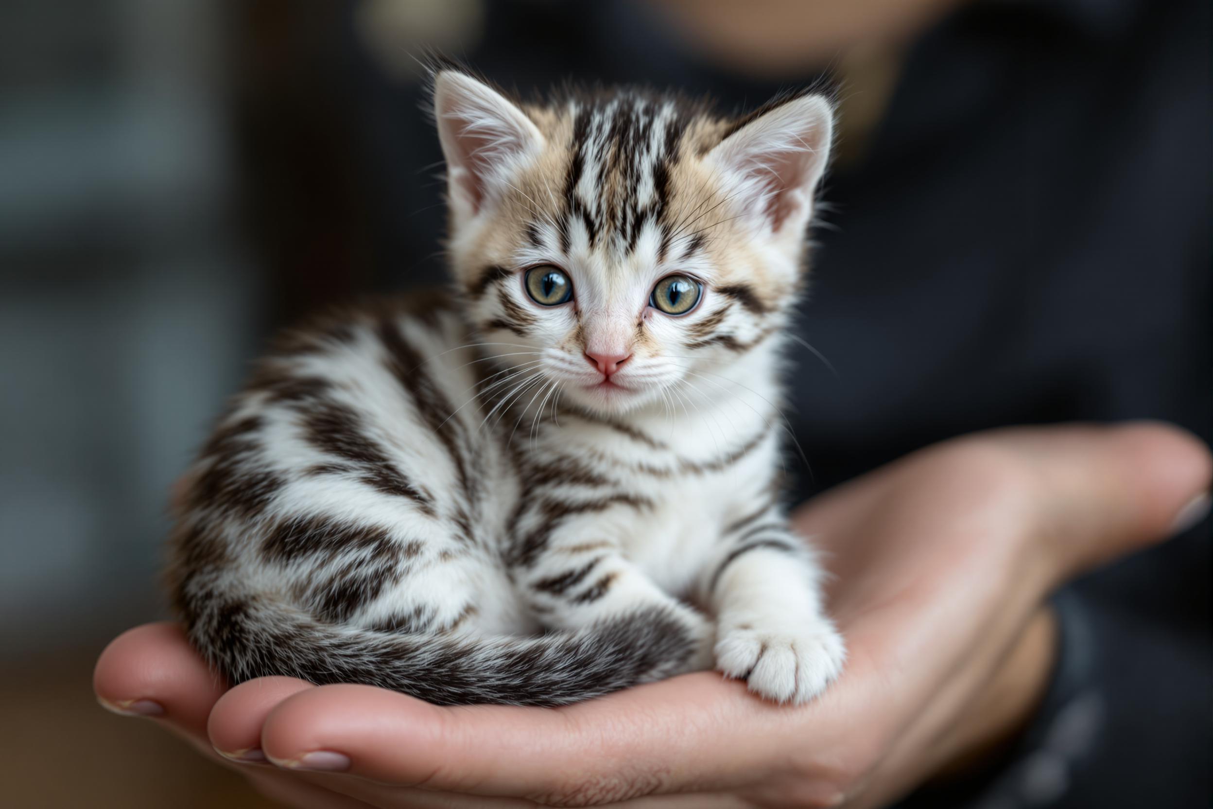Create image of the cutest bleach white kitten with many many lots  black stripes like a striped zebra, sitting in the palm of a hand