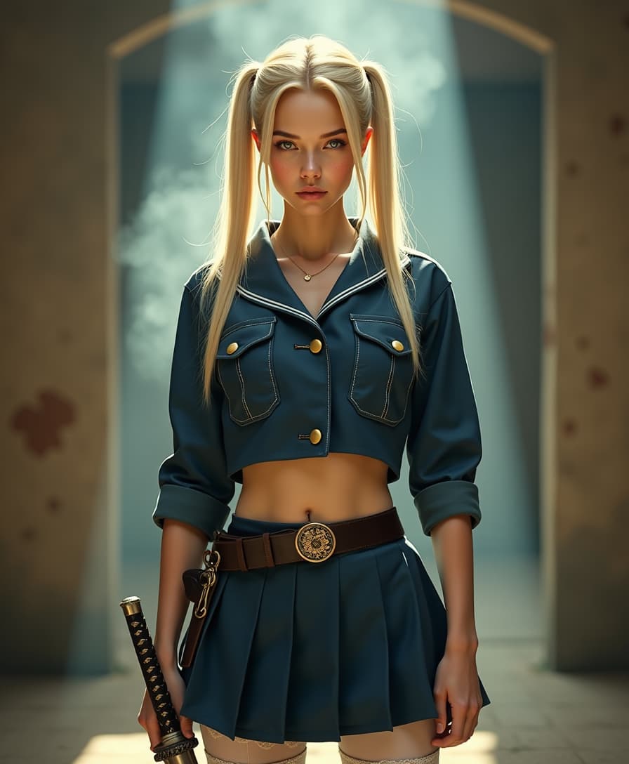 From a slightly low vantage point, the assertive blonde fighter stands poised in a steam-filled corridor, her long, pale hair pulled into two perfectly symmetrical pigtails that frame a youthful yet resolute face with full lips and softly arched brows. Photorealistic details catch the subtle sheen of perspiration along her forehead, contrasting with the porcelain-like smoothness of her complexion. Her piercing gaze, focused forward, reveals both confidence and a hint of vulnerability. She wears a cropped, navy-blue sailor-style top made of thick, textured cotton with brass-button accents on the collar, its sleeves rolled neatly to mid-forearm. Across her shoulders rests a matching short, utilitarian jacket, expertly tailored and adorned with discreet stitched patterns reminiscent of vintage military regalia. A slim, dark belt sits snugly at her waist, holding a holstered pistol that gleams with polished metalwork. Below it, a pleated skirt of the same navy hue sways just above mid-thigh, revealing white stockings with delicate lace trim that disappear into polished leather boots. In one hand, she grips an ornate katana, its steel blade gleaming amid drifting particles of dust and golden, low-hanging light. The entire scene exudes a dreamlike blend of fantasy and grit, every glimmer and shadow enhancing the cinematic allure of her fierce yet feminine stance.