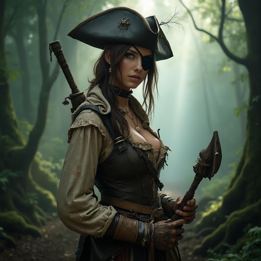 A sexy woman dressed as a buccaneer stands confidently, looking directly at the camera. her pirate hat, intriguingly modified with an antenna, complements the eye patch over one eye, adding an eccentric flair to his distinctive look. The rugged attire she wears, made from worn leather and tattered cloth, hints at countless adventures on the high seas. 

Instead of the darkness of a submerged space, the backdrop transforms into a foggy forest, where beams of sunlight pierce through the thick canopy, creating a serene yet foreboding atmosphere. The light highlights the textures of his clothing—rough and weathered—while casting shadows that dance across the forest floor. 

In one hand, she grips an ancient, wooden tool wrapped in cloth and leather, a weapon that speaks to his readiness for both battle and exploration. His intense expression conveys determination and alertness, as if she is prepared for whatever challenges lie ahead in the misty depths of the woods. 

The color palette of the scene is rich with natural earth tones—greens, browns, and grays—enhancing the realism of the moment. The composition captures every detail, from the intricate stitching of his outfit to the resolute lines of his face, emphasizing the character’s prominence against the slightly blurred backdrop of the enigmatic forest.